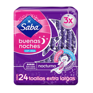 Toalla Femenina Saba 24 UND Nocturna Extra Larga con Alas