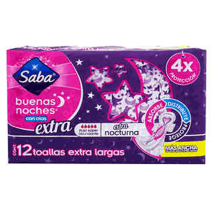 Toalla Femenina Saba   Extra Larga Nocturnas Con Alas 12 Und