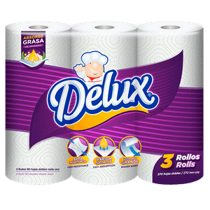 Papel Toalla Delux 3 ROLLOS Absorbe Grasa 270 Hojas Dobles