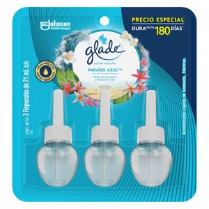 Glade Aceites Naturales Aromatizante Líquido Eléctrico Paraíso Azul 21 ml c/u 3 Repuestos