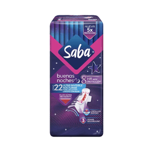 Toallas Femeninas Saba Buenas Noches Ultra Invisible Ultradelgada Nocturna Flujo Súper Abundante Con Alas - 22 Unidades